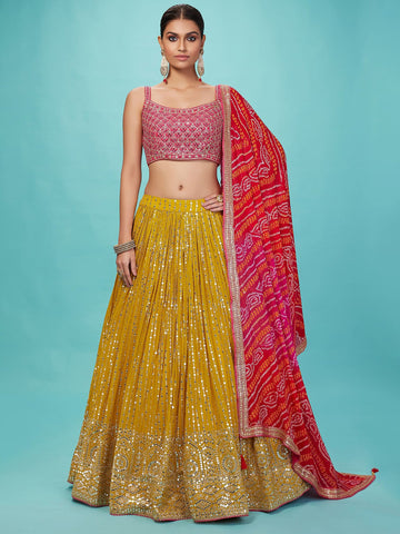 Glowing Yellow Color Art Silk Fabric Party Wear Lehenga
