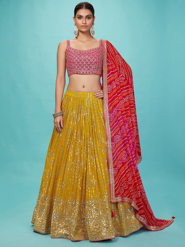 Glowing Yellow Color Art Silk Fabric Party Wear Lehenga