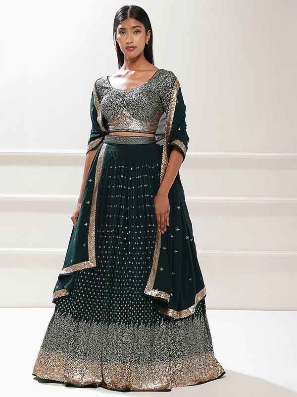 Glowing Green Color Georgette Fabric Party Wear Lehenga