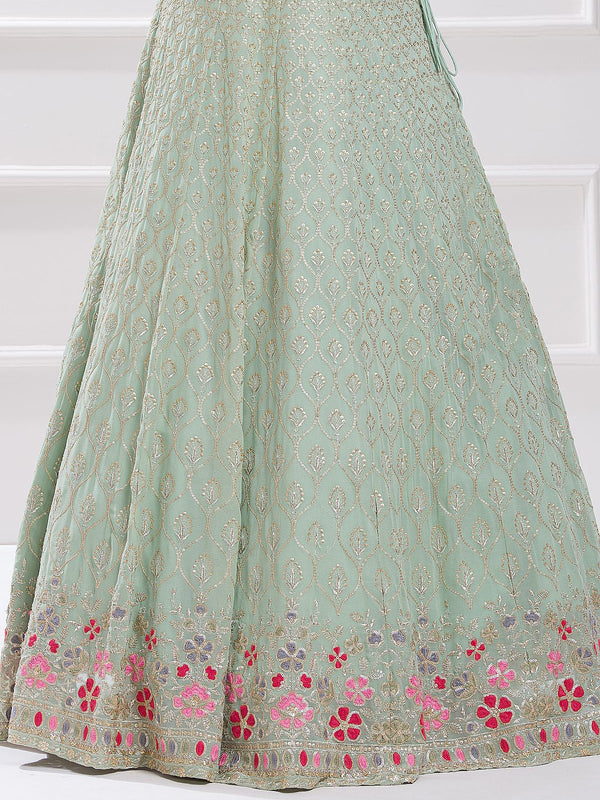 Glowing Green Color Georgette Fabric Party Wear Lehenga
