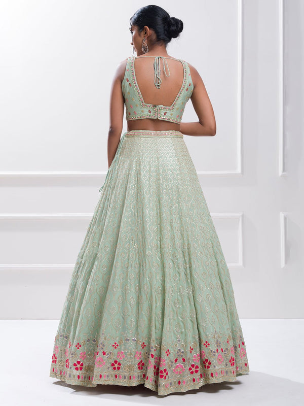 Glowing Green Color Georgette Fabric Party Wear Lehenga