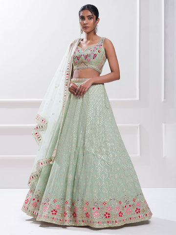 Glowing Green Color Georgette Fabric Party Wear Lehenga