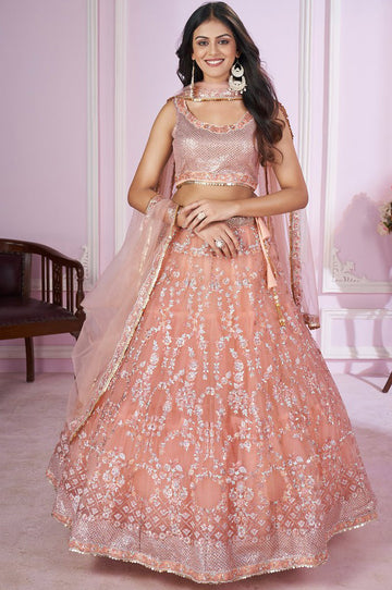 Charming Peach Color Net Fabric Party Wear Lehenga