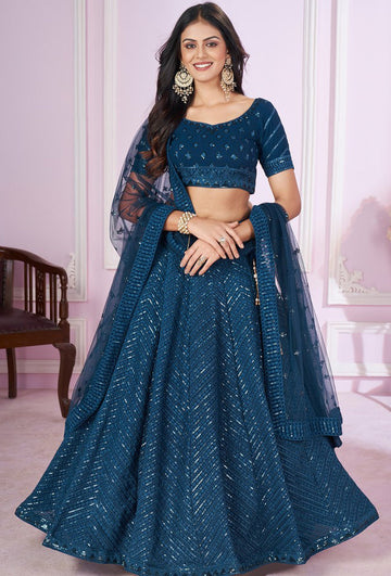 Charming Teal Color Georgette Fabric Party Wear Lehenga