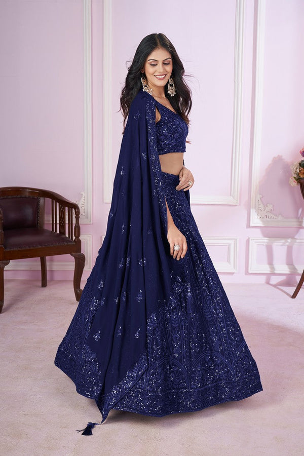 Charming Navy Blue Color Georgette Fabric Party Wear Lehenga