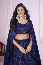 Charming Navy Blue Color Georgette Fabric Party Wear Lehenga