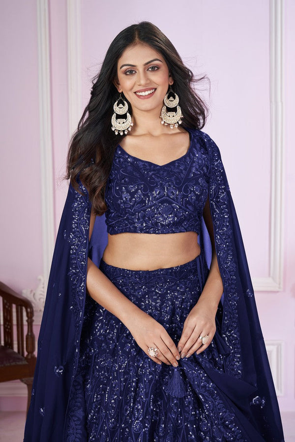 Charming Navy Blue Color Georgette Fabric Party Wear Lehenga