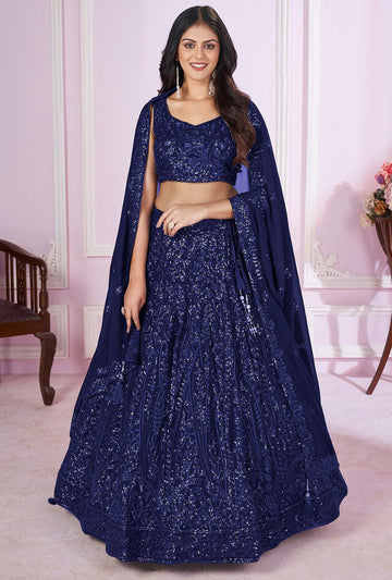 Charming Navy Blue Color Georgette Fabric Party Wear Lehenga