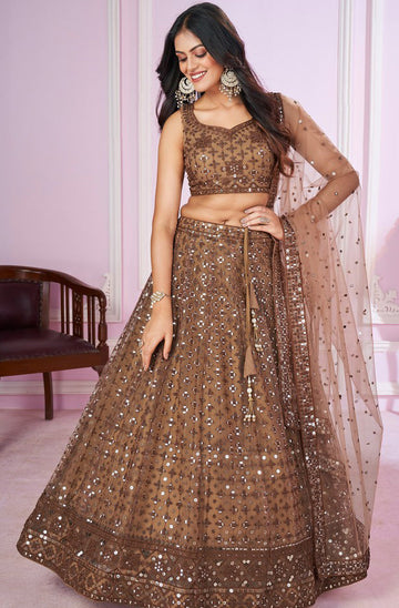 Charming Beige Color Net Fabric Party Wear Lehenga
