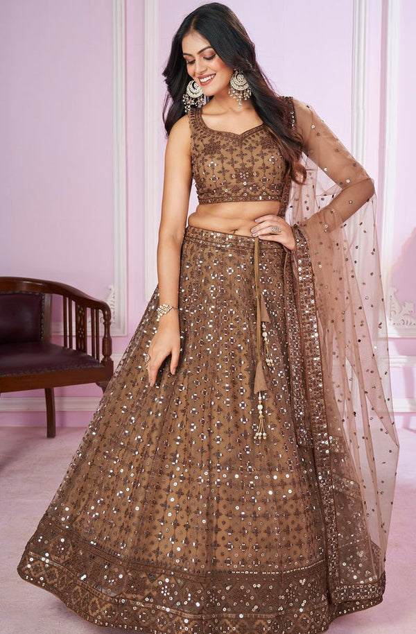 Charming Beige Color Net Fabric Party Wear Lehenga
