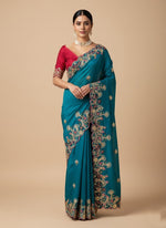 Superb Teal Color Chiffon Fabric Partywear Saree