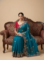 Superb Teal Color Chiffon Fabric Partywear Saree