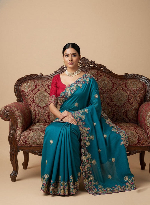 Superb Teal Color Chiffon Fabric Partywear Saree