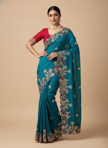 Superb Teal Color Chiffon Fabric Partywear Saree