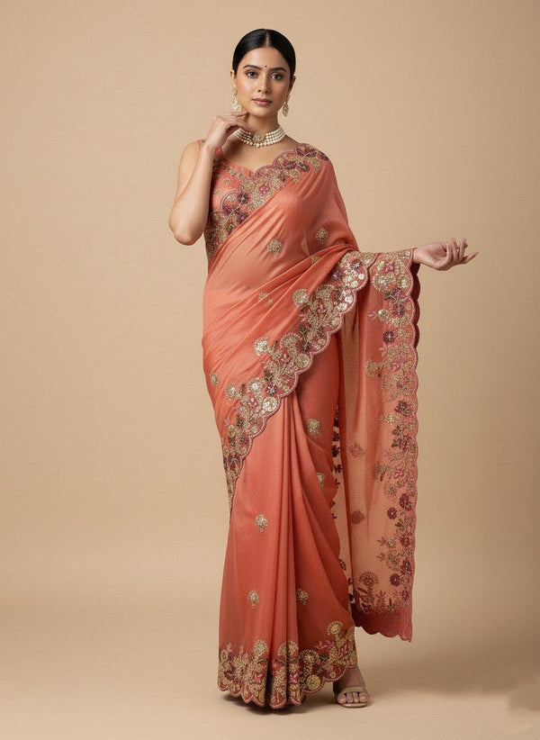 Superb Peach Color Chiffon Fabric Partywear Saree
