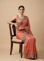 Superb Peach Color Chiffon Fabric Partywear Saree