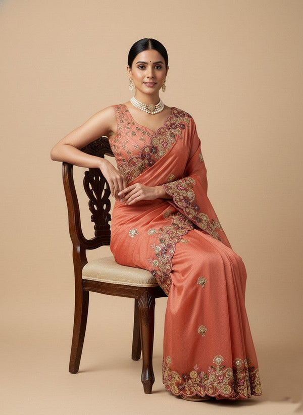 Superb Peach Color Chiffon Fabric Partywear Saree