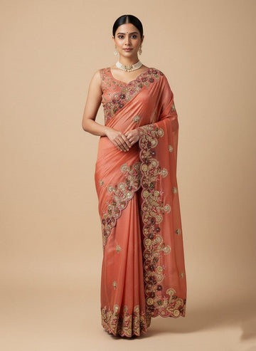 Superb Peach Color Chiffon Fabric Partywear Saree