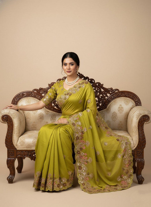 Superb Green Color Chiffon Fabric Partywear Saree