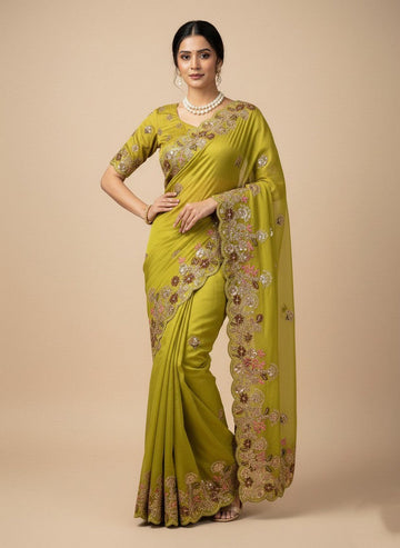 Superb Green Color Chiffon Fabric Partywear Saree