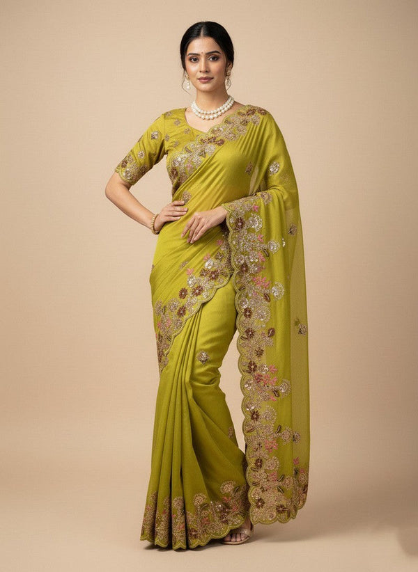 Superb Green Color Chiffon Fabric Partywear Saree