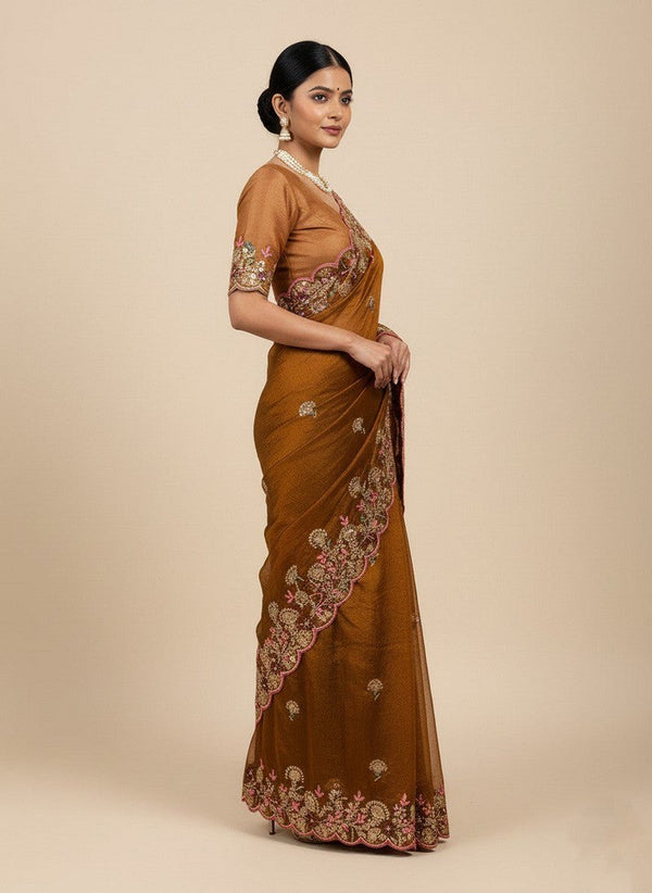 Superb Brown Color Chiffon Fabric Partywear Saree