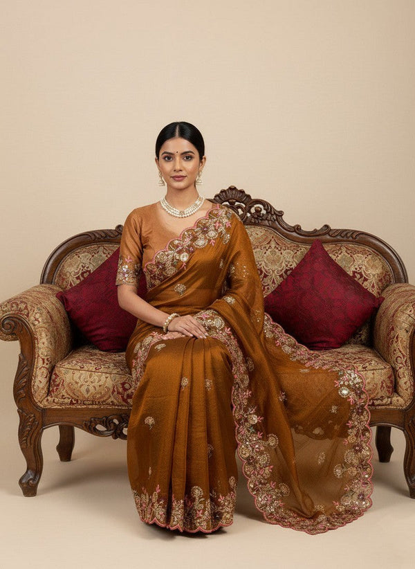 Superb Brown Color Chiffon Fabric Partywear Saree