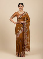 Superb Brown Color Chiffon Fabric Partywear Saree