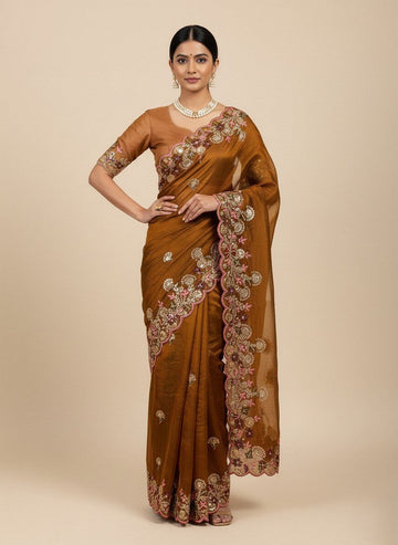 Superb Brown Color Chiffon Fabric Partywear Saree