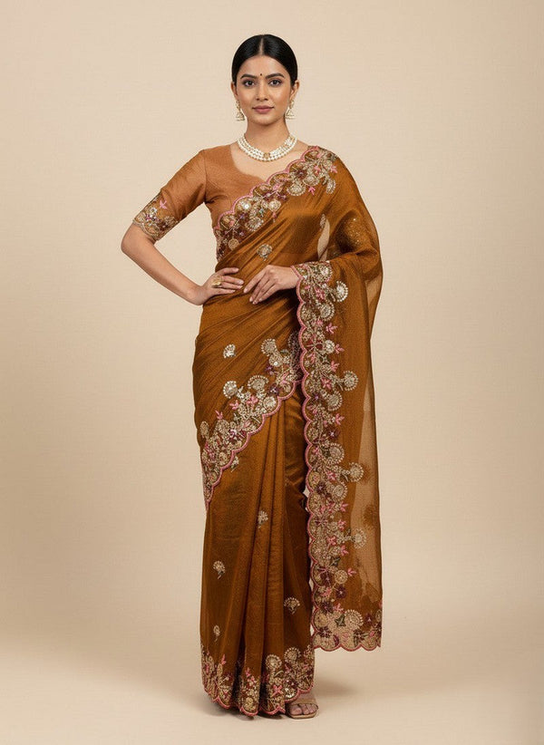 Superb Brown Color Chiffon Fabric Partywear Saree