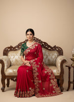 Superb Red Color Chiffon Fabric Partywear Saree