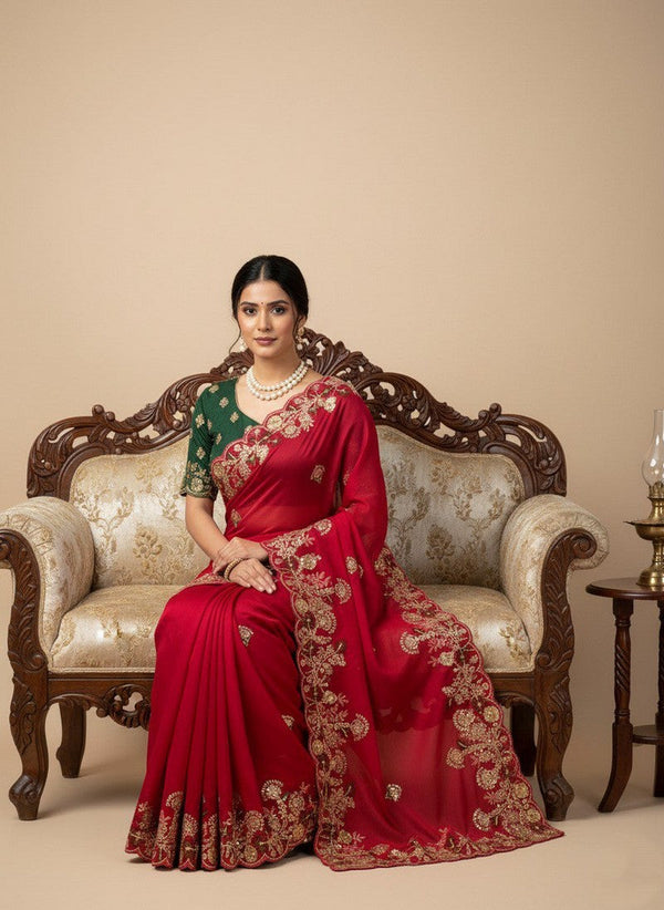 Superb Red Color Chiffon Fabric Partywear Saree