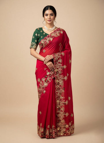 Superb Red Color Chiffon Fabric Partywear Saree