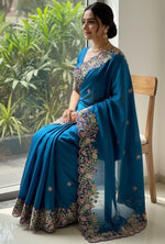 Lovely Teal Color Chiffon Fabric Partywear Saree