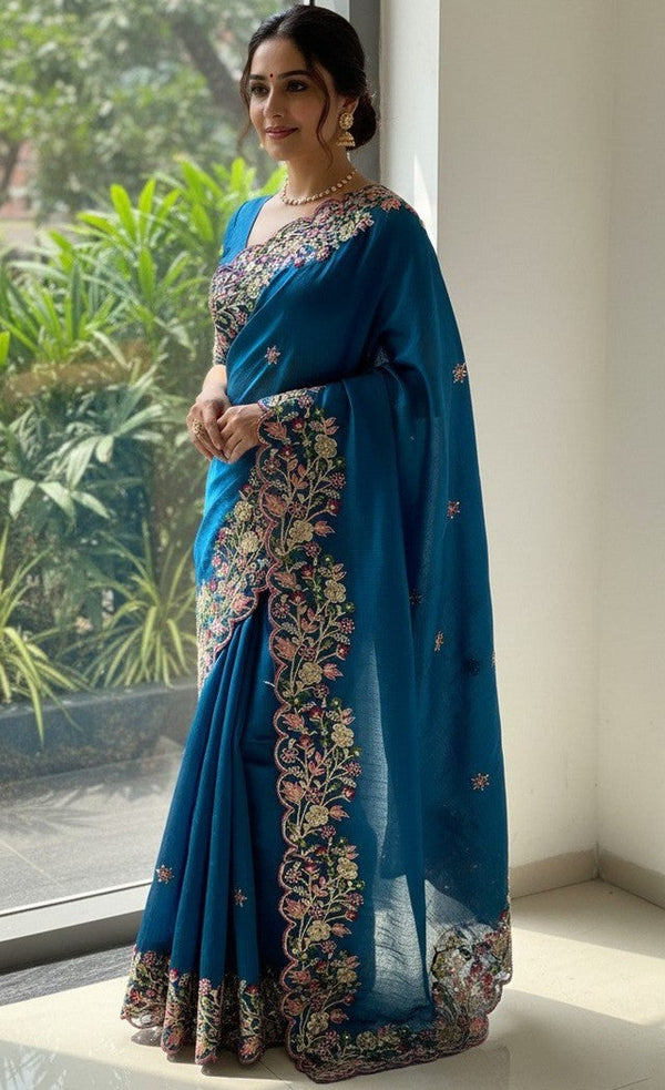 Lovely Teal Color Chiffon Fabric Partywear Saree