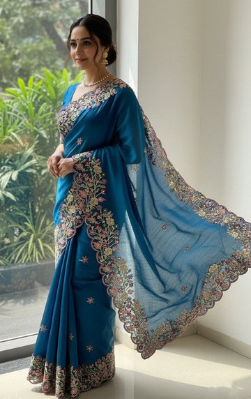 Lovely Teal Color Chiffon Fabric Partywear Saree