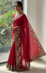 Lovely Red Color Chiffon Fabric Partywear Saree