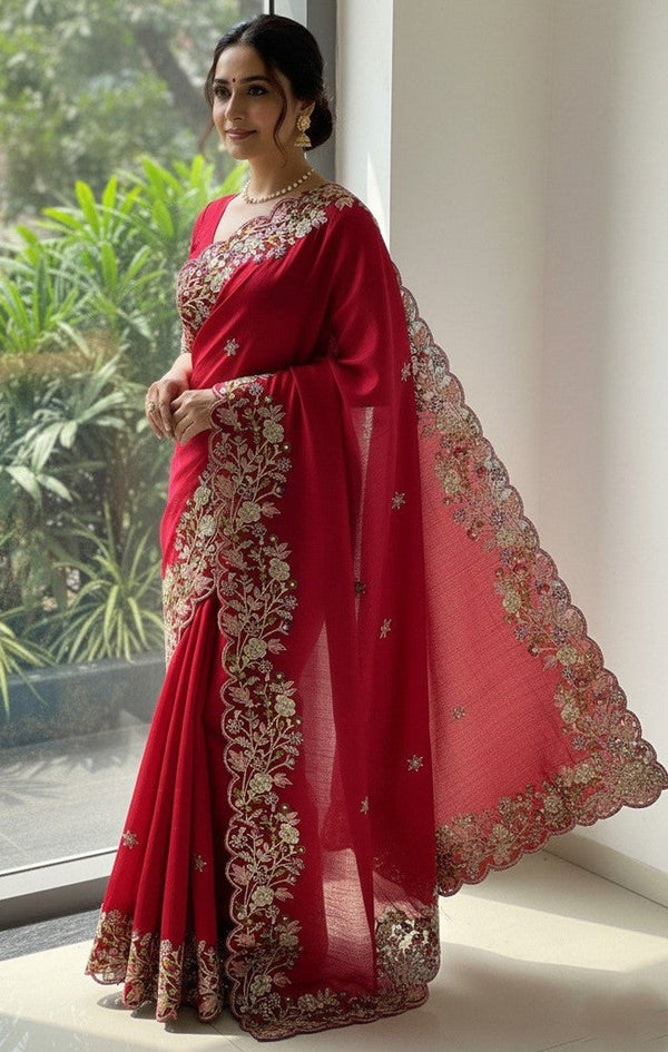Lovely Red Color Chiffon Fabric Partywear Saree