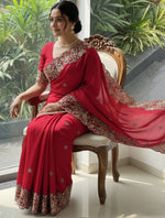 Lovely Red Color Chiffon Fabric Partywear Saree
