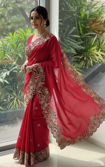 Lovely Red Color Chiffon Fabric Partywear Saree