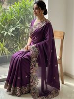 Lovely Wine Color Chiffon Fabric Partywear Saree