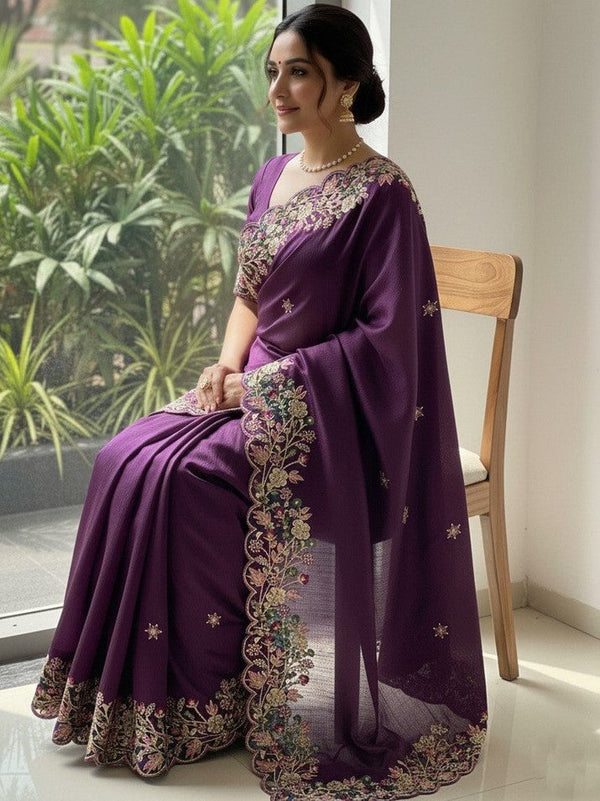 Lovely Wine Color Chiffon Fabric Partywear Saree