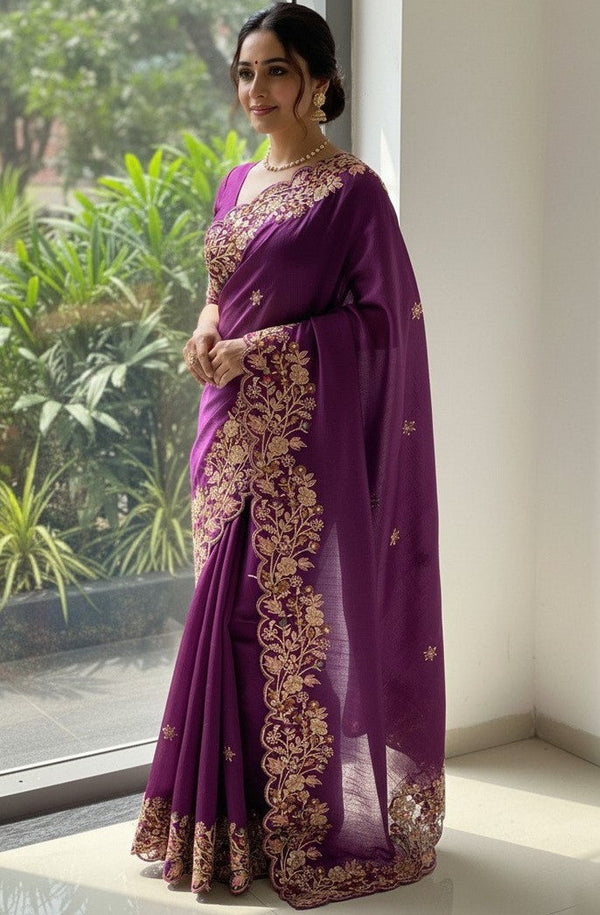 Lovely Wine Color Chiffon Fabric Partywear Saree