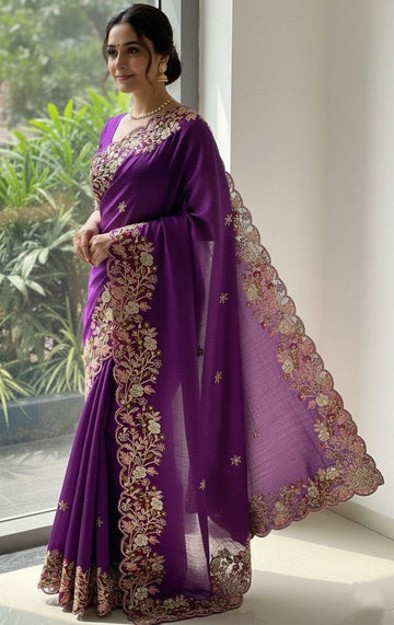 Lovely Wine Color Chiffon Fabric Partywear Saree