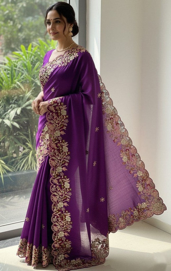 Lovely Wine Color Chiffon Fabric Partywear Saree