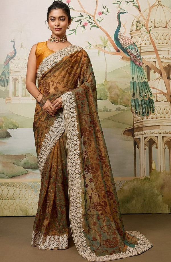 Lovely Brown Color Jimmy Fabric Partywear Saree