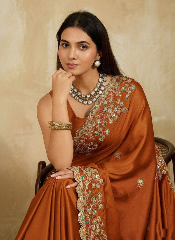 Superb Orange Color Silk Fabric Partywear Saree