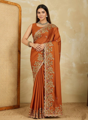 Superb Orange Color Silk Fabric Partywear Saree
