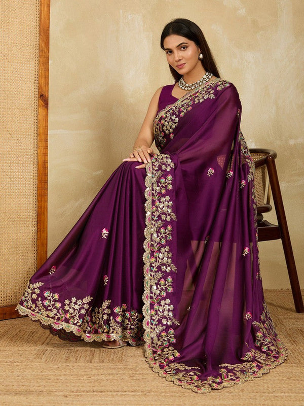 Superb Wine Color Silk Fabric Partywear Saree