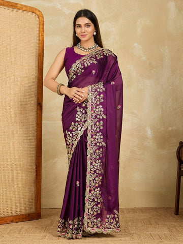 Superb Wine Color Silk Fabric Partywear Saree